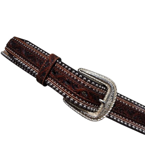 Tony Lama Men Leather Tooled Belt Sz 40 Western Equestrian Cowboy Floral Studded - Picture 2 of 9